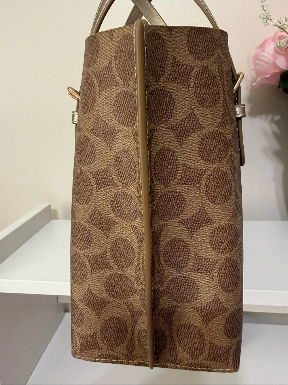 Coach Brown Signature Satchel With Lt Champagne Straps  and Bottom